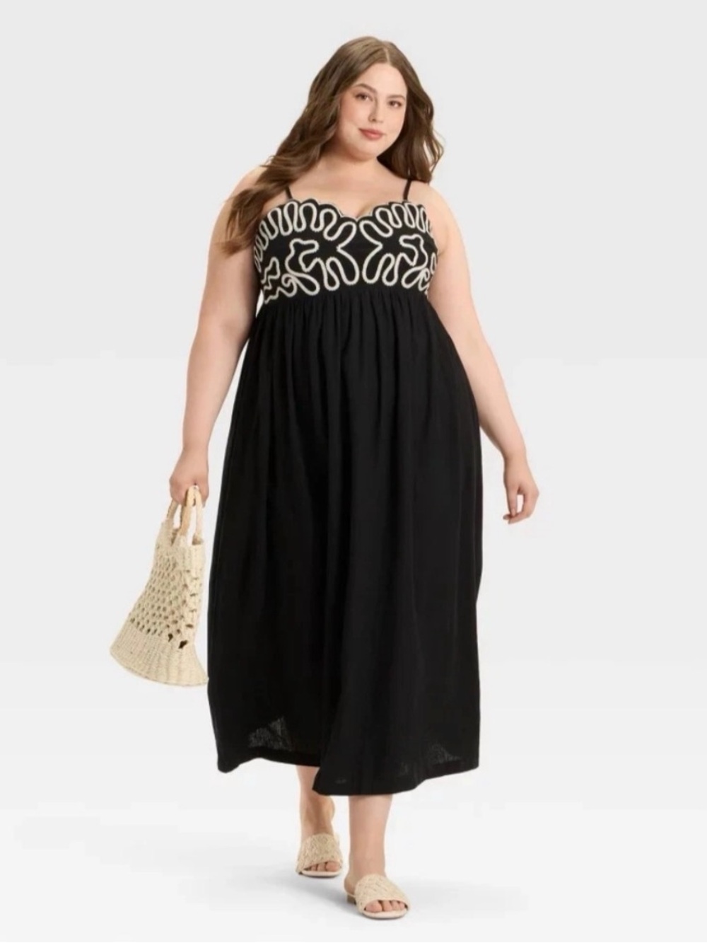 Black Crewel Maxi Dress with White Embroidered Bodice